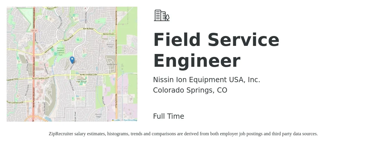 Nissin Ion Equipment USA, Inc. job posting for a Field Service Engineer in Colorado Springs, CO with a salary of $56,200 to $83,300 Yearly with a map of Colorado Springs location.