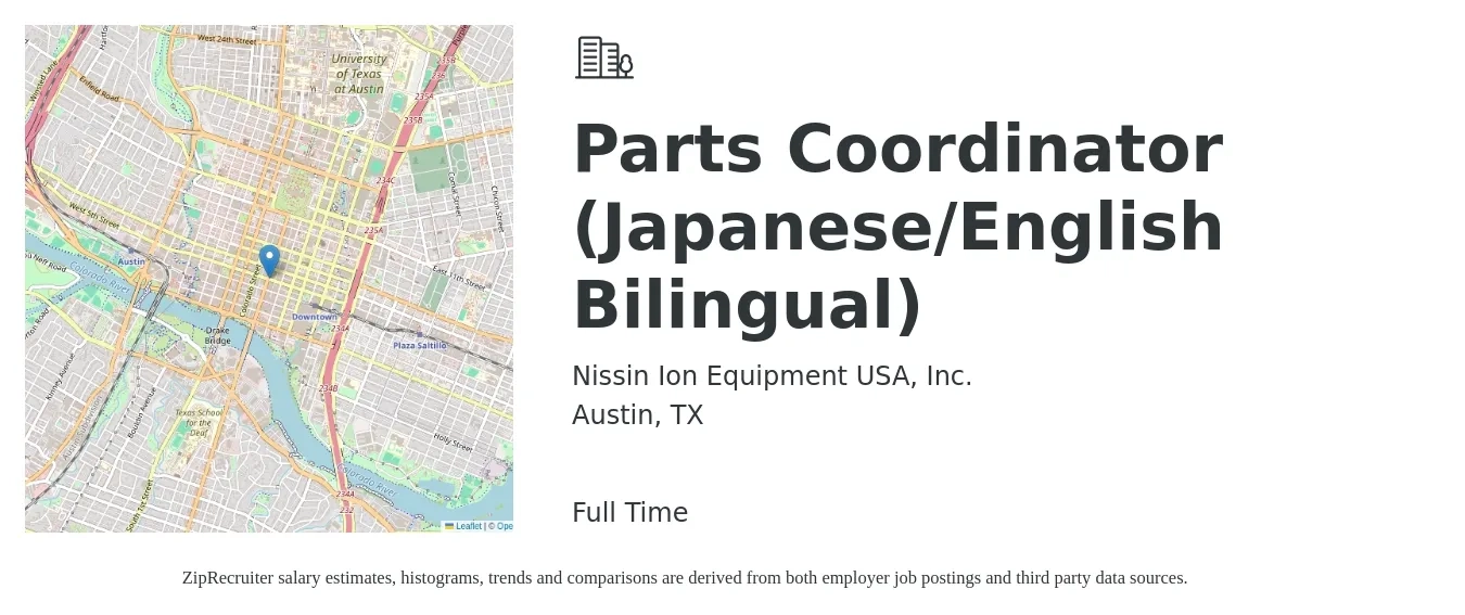 Nissin Ion Equipment USA, Inc. job posting for a Parts Coordinator (Japanese/English Bilingual) in Austin, TX with a salary of $18 to $24 Hourly with a map of Austin location.