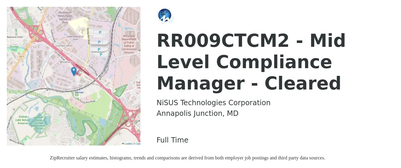 NiSUS Technologies Corporation job posting for a RR009CTCM2 - Mid Level Compliance Manager - Cleared in Annapolis Junction, MD with a salary of $62,300 to $108,800 Yearly with a map of Annapolis Junction location.
