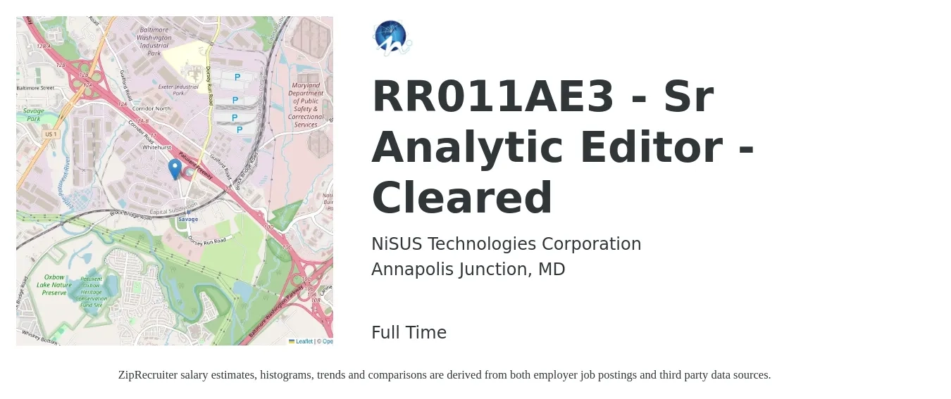 NiSUS Technologies Corporation job posting for a RR011AE3 - Sr Analytic Editor - Cleared in Annapolis Junction, MD with a salary of $66,400 to $106,800 Yearly with a map of Annapolis Junction location.