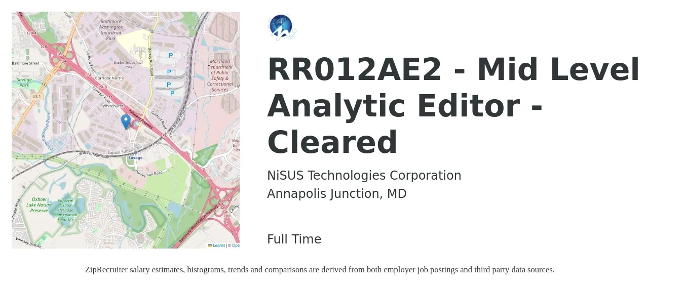 NiSUS Technologies Corporation job posting for a RR012AE2 - Mid Level Analytic Editor - Cleared in Annapolis Junction, MD with a salary of $50,600 to $96,000 Yearly with a map of Annapolis Junction location.