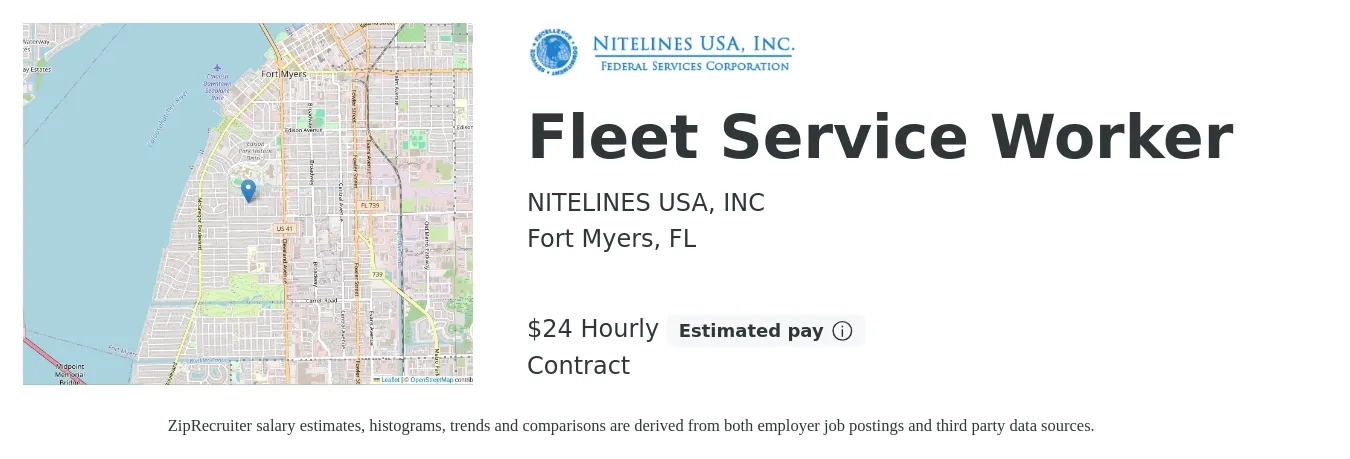 NITELINES USA, INC job posting for a Fleet Service Worker in Fort Myers, FL with a salary of $25 Hourly with a map of Fort Myers location.