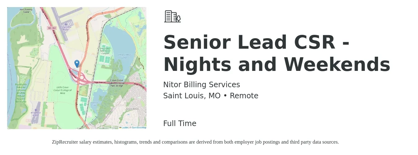 Nitor Billing Services job posting for a Senior Lead CSR - Nights and Weekends in Saint Louis, MO with a salary of $19 to $26 Hourly with a map of Saint Louis location.