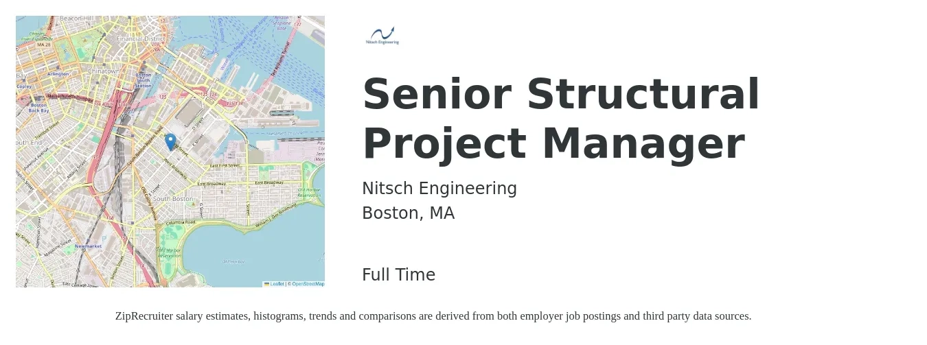 Nitsch Engineering job posting for a Senior Structural Project Manager in Boston, MA with a salary of $109,200 to $148,300 Yearly with a map of Boston location.