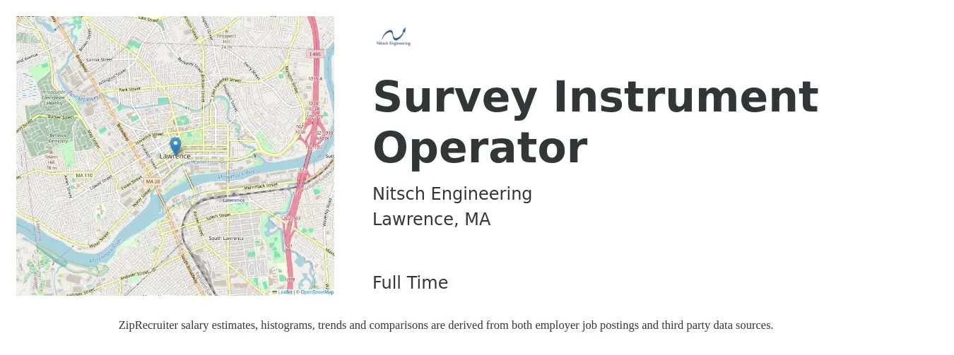 Nitsch Engineering job posting for a Survey Instrument Operator in Lawrence, MA with a salary of $20 to $26 Hourly with a map of Lawrence location.