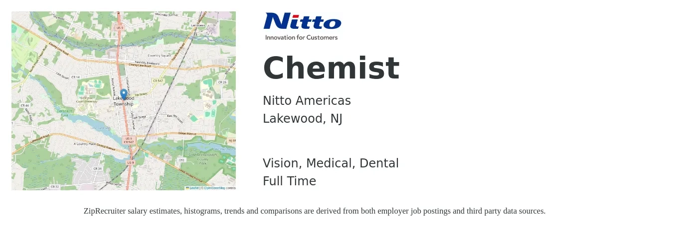 Nitto Americas job posting for a Chemist in Lakewood, NJ with a salary of $25 to $36 Hourly and benefits including vision, dental, life_insurance, medical, pto, and retirement with a map of Lakewood location.