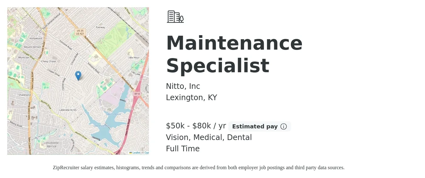 Nitto, Inc job posting for a Maintenance Specialist in Lexington, KY with a salary of $50,000 to $80,000 Yearly and benefits including vision, dental, life_insurance, medical, pto, and retirement with a map of Lexington location.