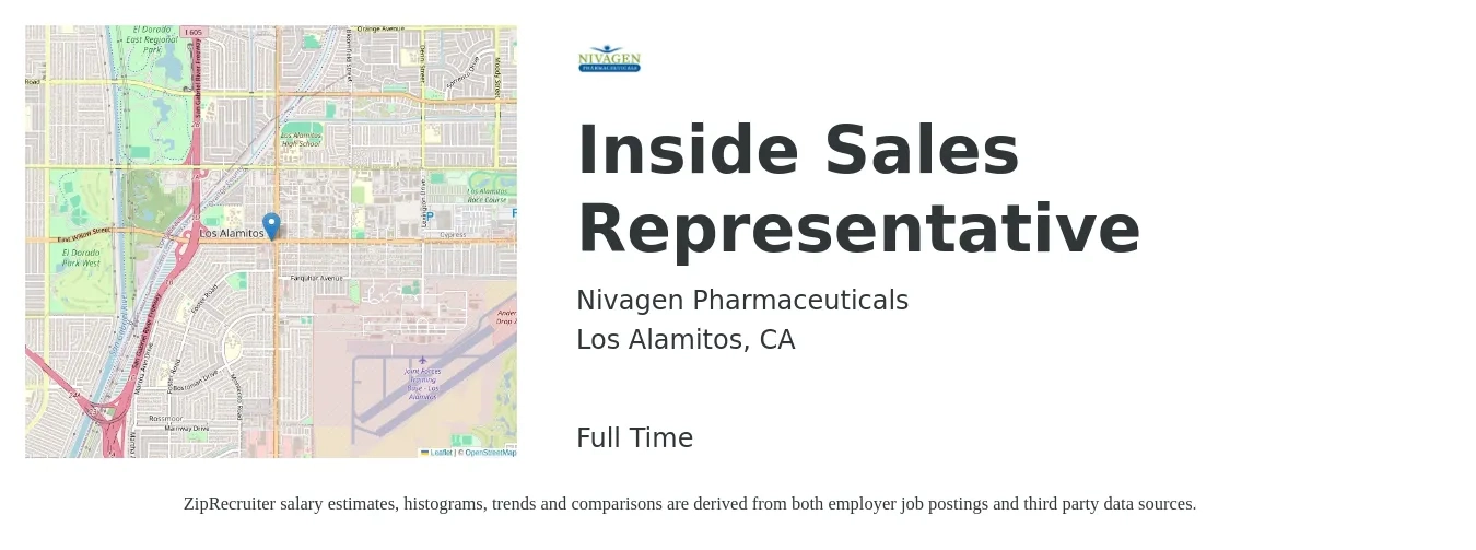 Nivagen Pharmaceuticals job posting for a Inside Sales Representative in Los Alamitos, CA with a salary of $41,500 to $62,000 Yearly with a map of Los Alamitos location.