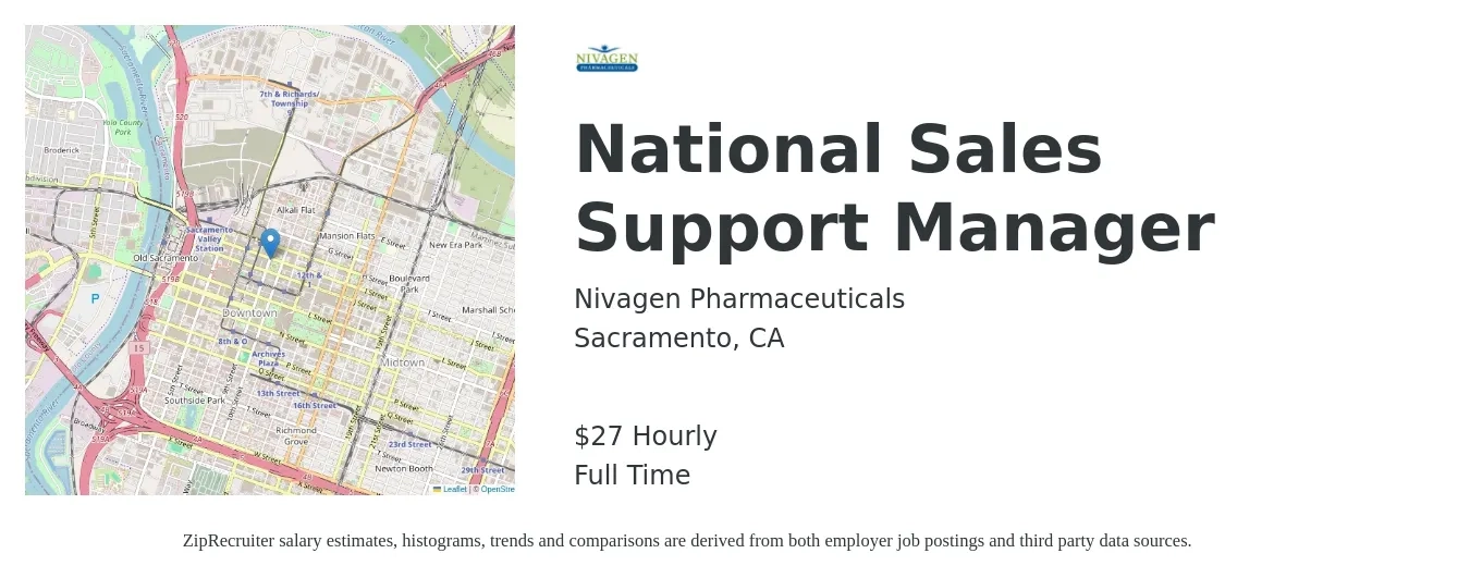 Nivagen Pharmaceuticals job posting for a National Sales Support Manager in Sacramento, CA with a salary of $28 Hourly with a map of Sacramento location.