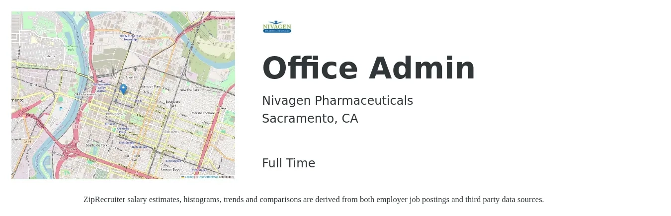 Nivagen Pharmaceuticals job posting for a Office Admin in Sacramento, CA with a salary of $19 to $26 Hourly with a map of Sacramento location.