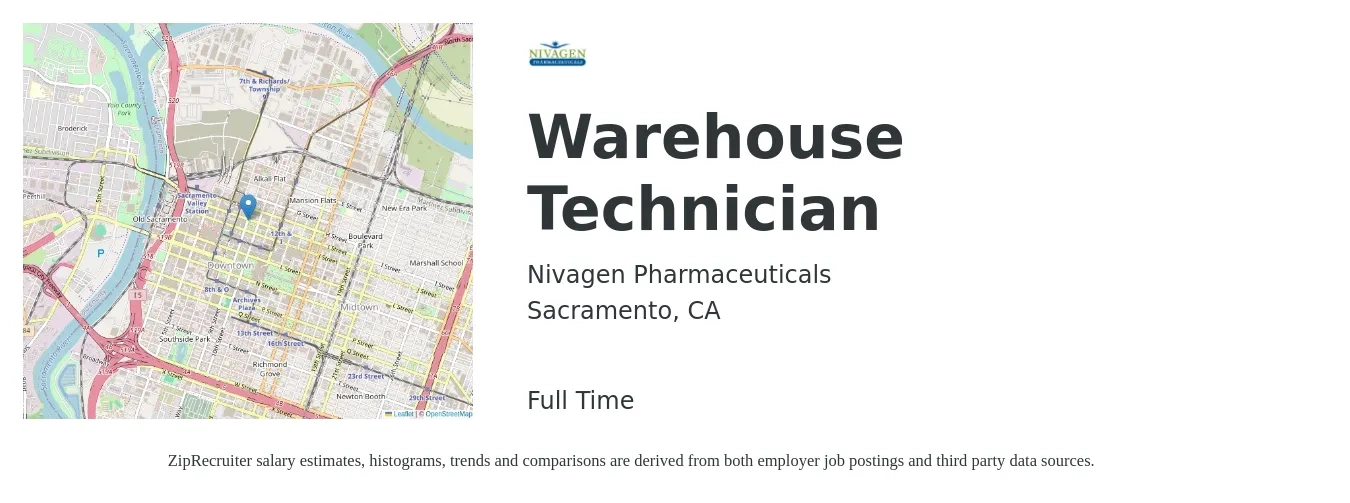 Nivagen Pharmaceuticals job posting for a Warehouse Technician in Sacramento, CA with a salary of $18 to $22 Hourly with a map of Sacramento location.