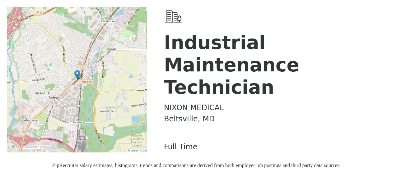 NIXON MEDICAL job posting for a Industrial Maintenance Technician in Beltsville, MD with a salary of $21 to $30 Hourly with a map of Beltsville location.