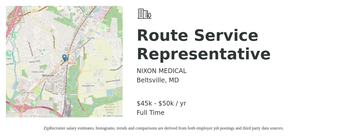 NIXON MEDICAL job posting for a Route Service Representative in Beltsville, MD with a salary of $19 to $25 Hourly with a map of Beltsville location.