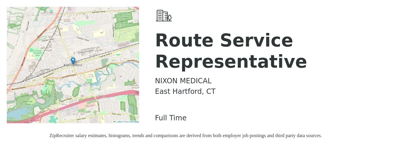 NIXON MEDICAL job posting for a Route Service Representative in East Hartford, CT with a salary of $19 to $24 Hourly with a map of East Hartford location.