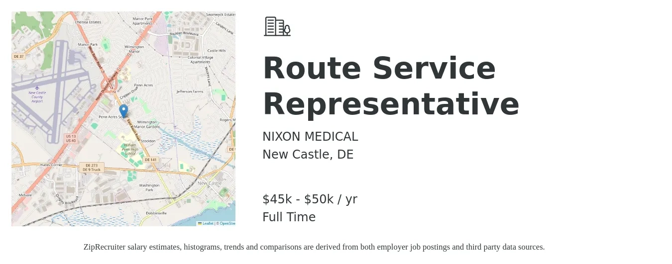 NIXON MEDICAL job posting for a Route Service Representative in New Castle, DE with a salary of $18 to $24 Hourly with a map of New Castle location.