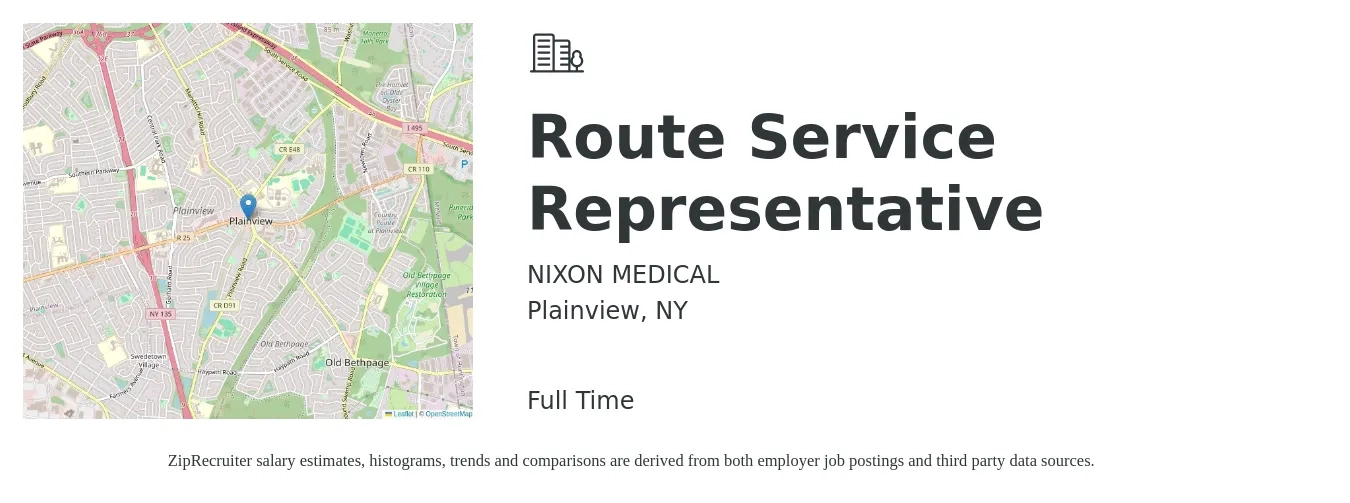 NIXON MEDICAL job posting for a Route Service Representative in Plainview, NY with a salary of $19 to $25 Hourly with a map of Plainview location.