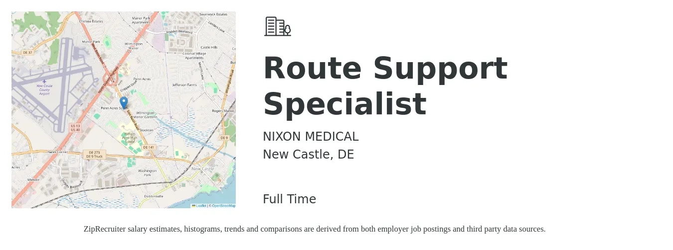 NIXON MEDICAL job posting for a Route Support Specialist in New Castle, DE with a salary of $18 to $28 Hourly with a map of New Castle location.