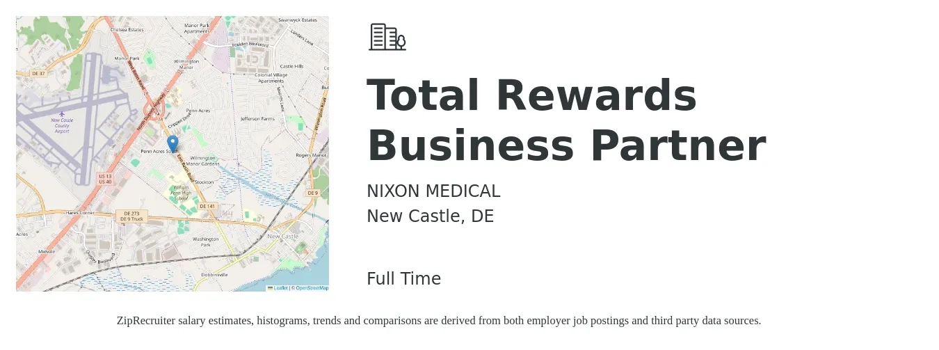 NIXON MEDICAL job posting for a Total Rewards Business Partner in New Castle, DE with a salary of $67,700 to $84,100 Yearly with a map of New Castle location.