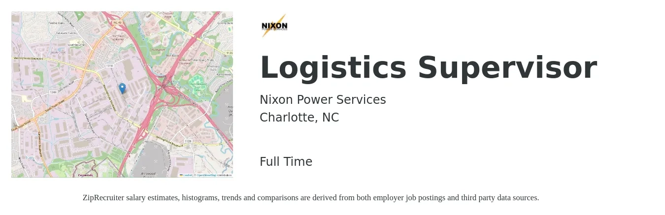 Nixon Power Services job posting for a Logistics Supervisor in Charlotte, NC with a salary of $55,700 to $89,300 Yearly with a map of Charlotte location.