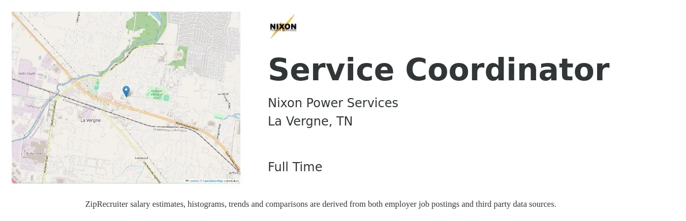 Nixon Power Services job posting for a Service Coordinator in La Vergne, TN with a salary of $19 to $24 Hourly with a map of La Vergne location.