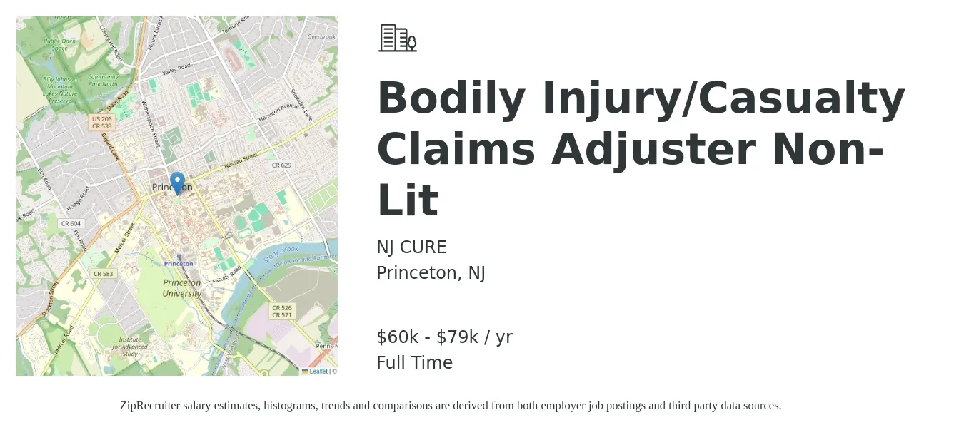 NJ CURE job posting for a Bodily Injury/Casualty Claims Adjuster Non-Lit in Princeton, NJ with a salary of $70,200 to $88,100 Yearly with a map of Princeton location.