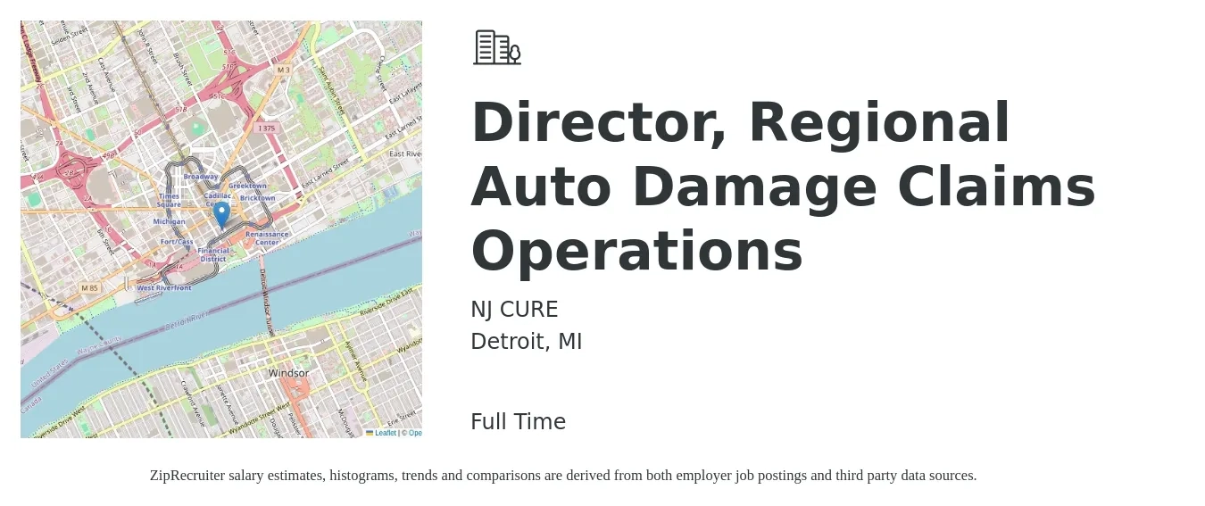 NJ CURE job posting for a Director, Regional Auto Damage Claims Operations in Detroit, MI with a salary of $90,500 to $133,600 Yearly with a map of Detroit location.