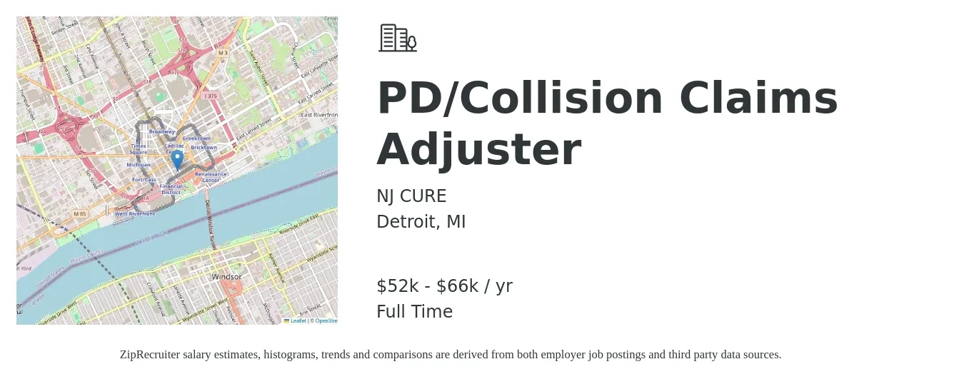 NJ CURE job posting for a PD/Collision Claims Adjuster in Detroit, MI with a salary of $46,900 to $61,100 Yearly with a map of Detroit location.
