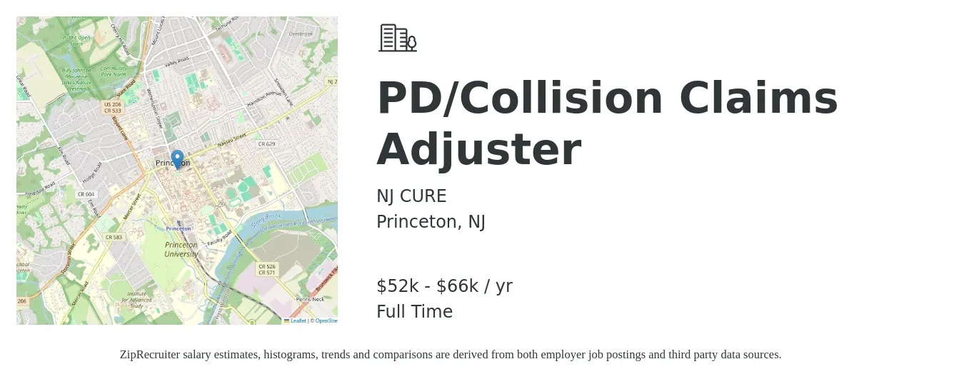 NJ CURE job posting for a PD/Collision Claims Adjuster in Princeton, NJ with a salary of $51,900 to $67,600 Yearly with a map of Princeton location.