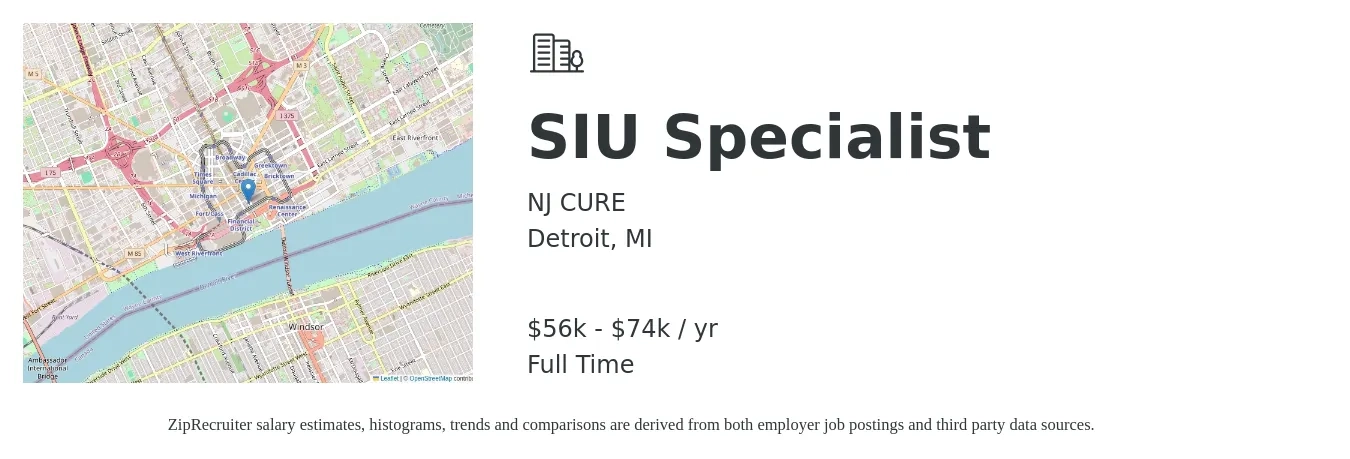 NJ CURE job posting for a SIU Specialist in Detroit, MI with a salary of $17 to $25 Hourly with a map of Detroit location.