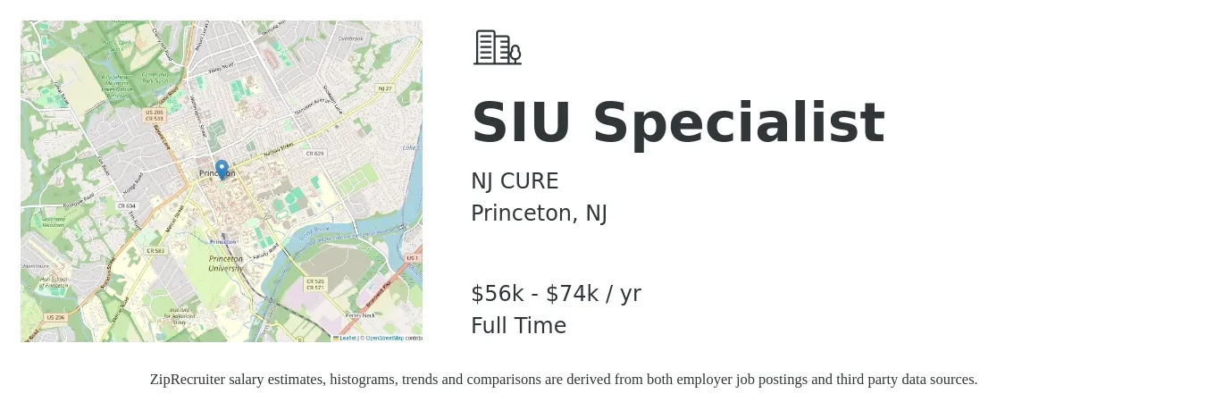 NJ CURE job posting for a SIU Specialist in Princeton, NJ with a salary of $19 to $28 Hourly with a map of Princeton location.