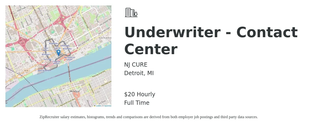 NJ CURE job posting for a Underwriter - Contact Center in Detroit, MI with a salary of $21 Hourly with a map of Detroit location.