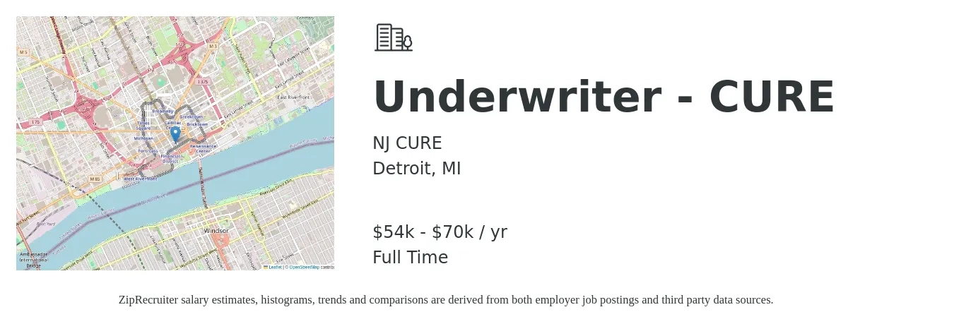 NJ CURE job posting for a Underwriter - CURE in Detroit, MI with a salary of $57,800 to $82,400 Yearly with a map of Detroit location.