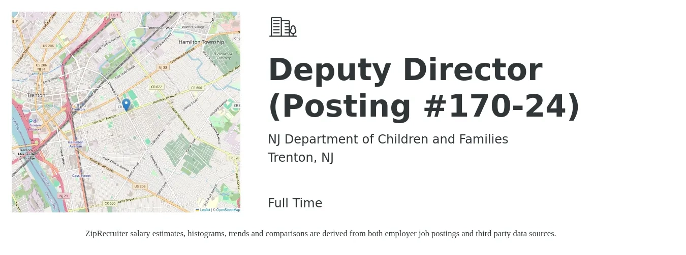 NJ Department of Children and Families job posting for a Deputy Director (Posting #170-24) in Trenton, NJ with a salary of $104,400 to $151,300 Yearly with a map of Trenton location.
