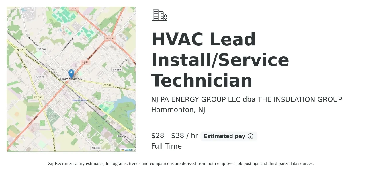 NJ-PA ENERGY GROUP LLC dba THE INSULATION GROUP job posting for a HVAC Lead Install/Service Technician in Hammonton, NJ with a salary of $30 to $40 Hourly with a map of Hammonton location.