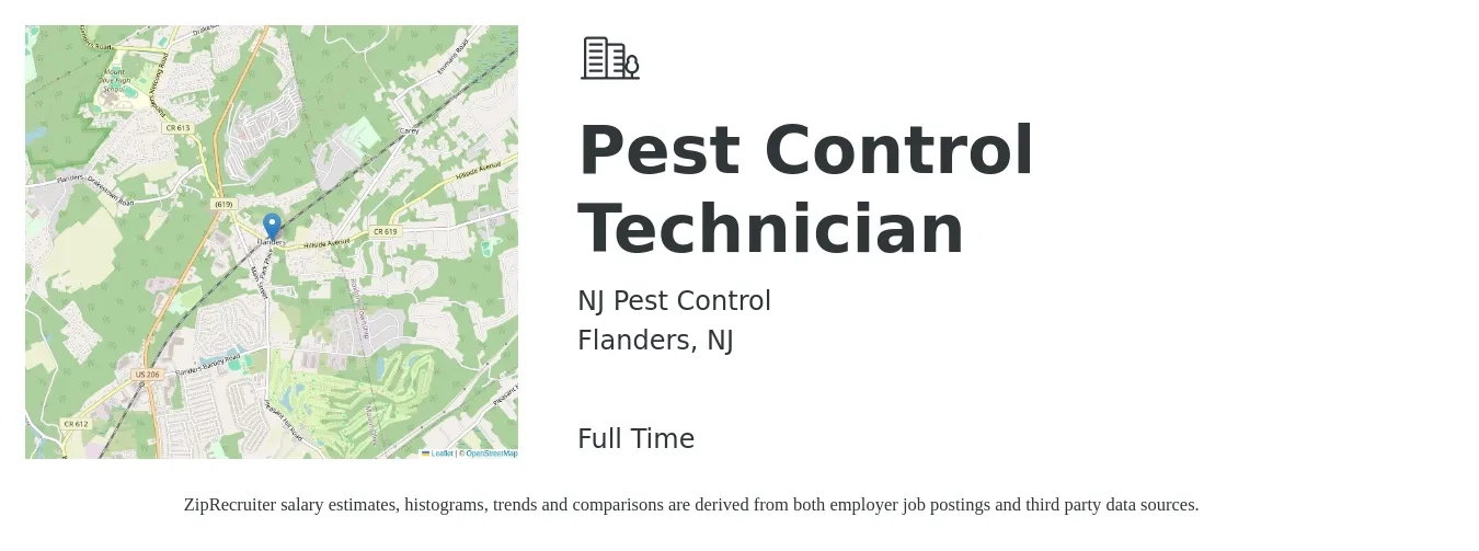 NJ Pest Control job posting for a Pest Control Technician in Flanders, NJ with a salary of $19 to $24 Hourly with a map of Flanders location.