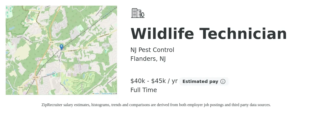 NJ Pest Control job posting for a Wildlife Technician in Flanders, NJ with a salary of $40,000 to $45,000 Yearly with a map of Flanders location.