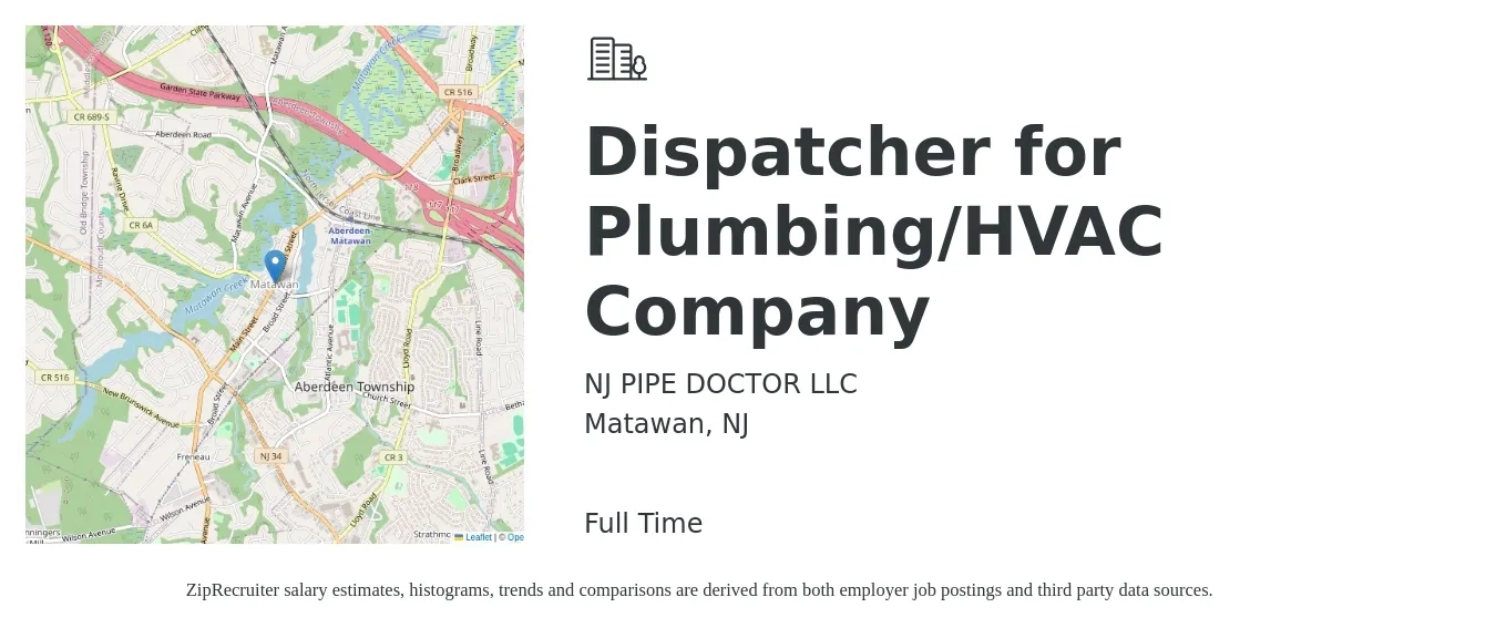 NJ PIPE DOCTOR LLC job posting for a Dispatcher for Plumbing/HVAC Company in Matawan, NJ with a salary of $18 to $26 Hourly with a map of Matawan location.