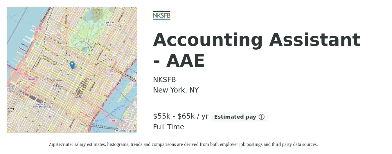 NKSFB job posting for a Accounting Assistant - AAE in New York, NY with a salary of $55,000 to $65,000 Yearly with a map of New York location.