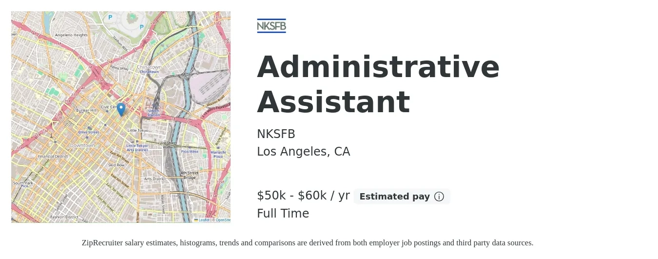 NKSFB job posting for a Administrative Assistant in Los Angeles, CA with a salary of $50,000 to $60,000 Yearly with a map of Los Angeles location.