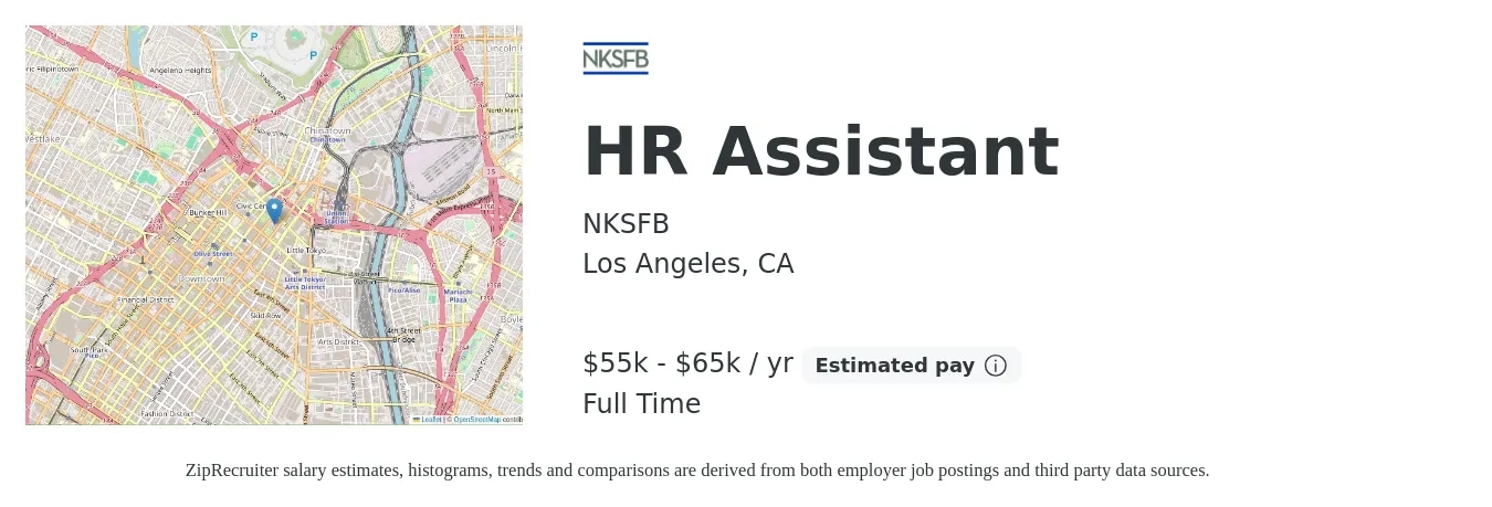 NKSFB job posting for a HR Assistant in Los Angeles, CA with a salary of $55,000 to $65,000 Yearly with a map of Los Angeles location.