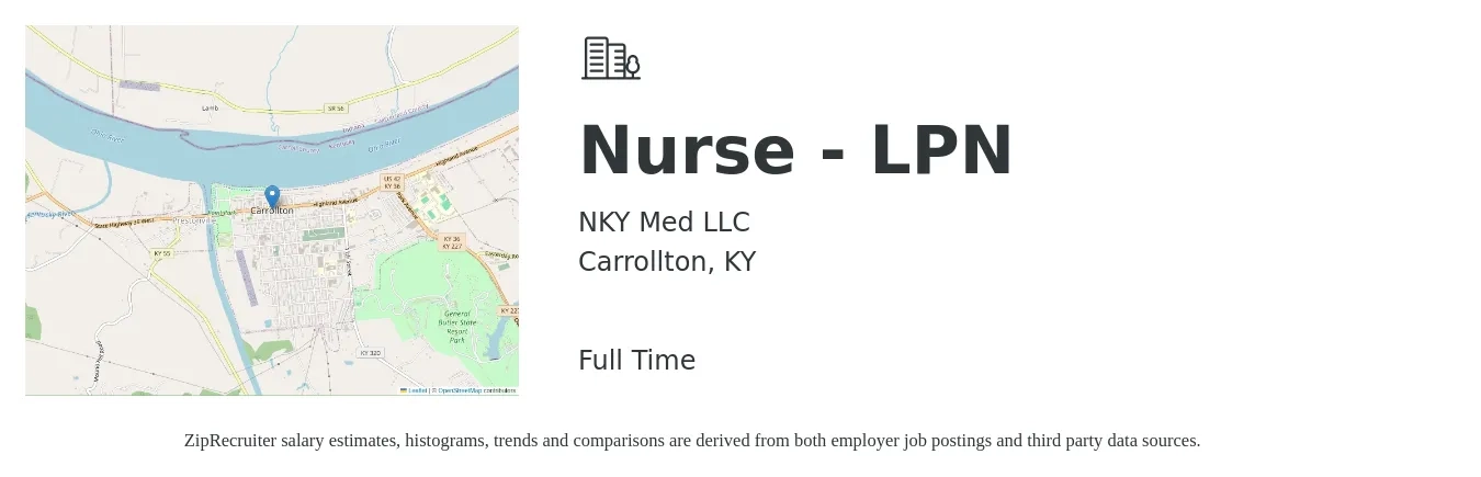 NKY Med LLC job posting for a Nurse - LPN in Carrollton, KY with a salary of $24 to $34 Hourly with a map of Carrollton location.