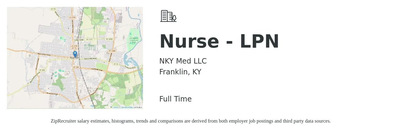 NKY Med LLC job posting for a Nurse - LPN in Franklin, KY with a salary of $22 to $30 Hourly with a map of Franklin location.
