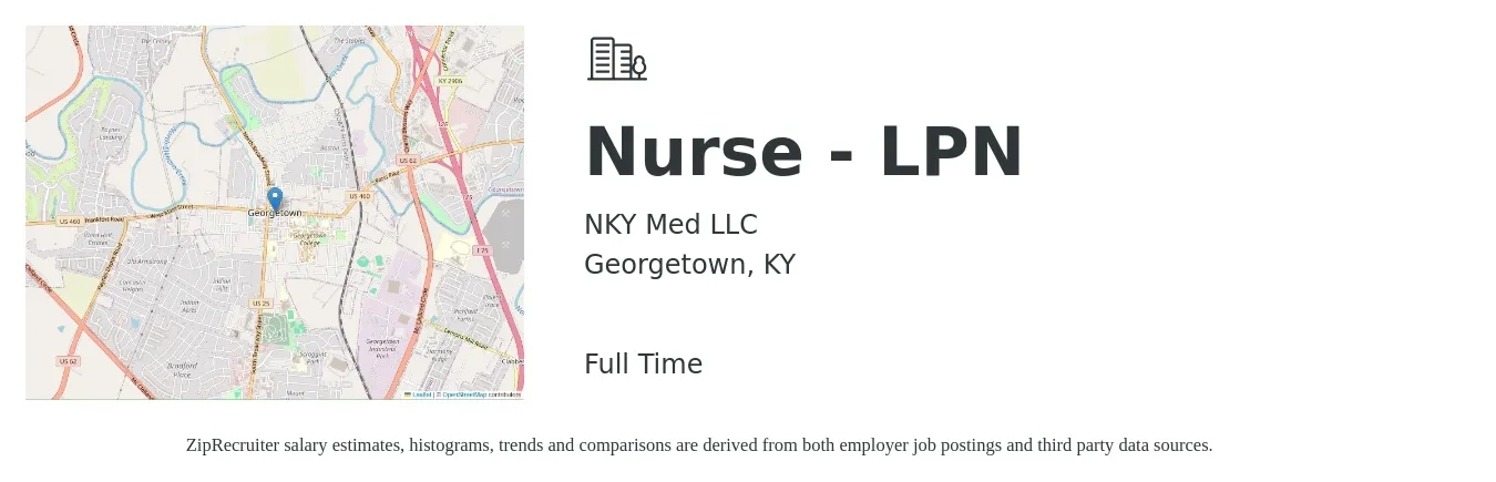 NKY Med LLC job posting for a Nurse - LPN in Georgetown, KY with a salary of $23 to $32 Hourly with a map of Georgetown location.