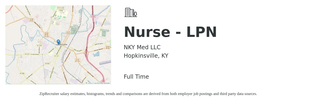 NKY Med LLC job posting for a Nurse - LPN in Hopkinsville, KY with a salary of $22 to $30 Hourly with a map of Hopkinsville location.