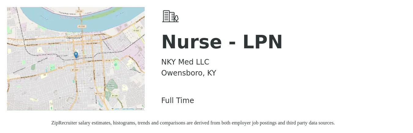NKY Med LLC job posting for a Nurse - LPN in Owensboro, KY with a salary of $22 to $29 Hourly with a map of Owensboro location.