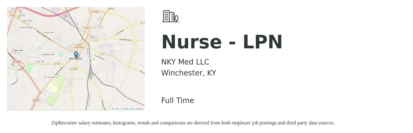 NKY Med LLC job posting for a Nurse - LPN in Winchester, KY with a salary of $22 to $30 Hourly with a map of Winchester location.