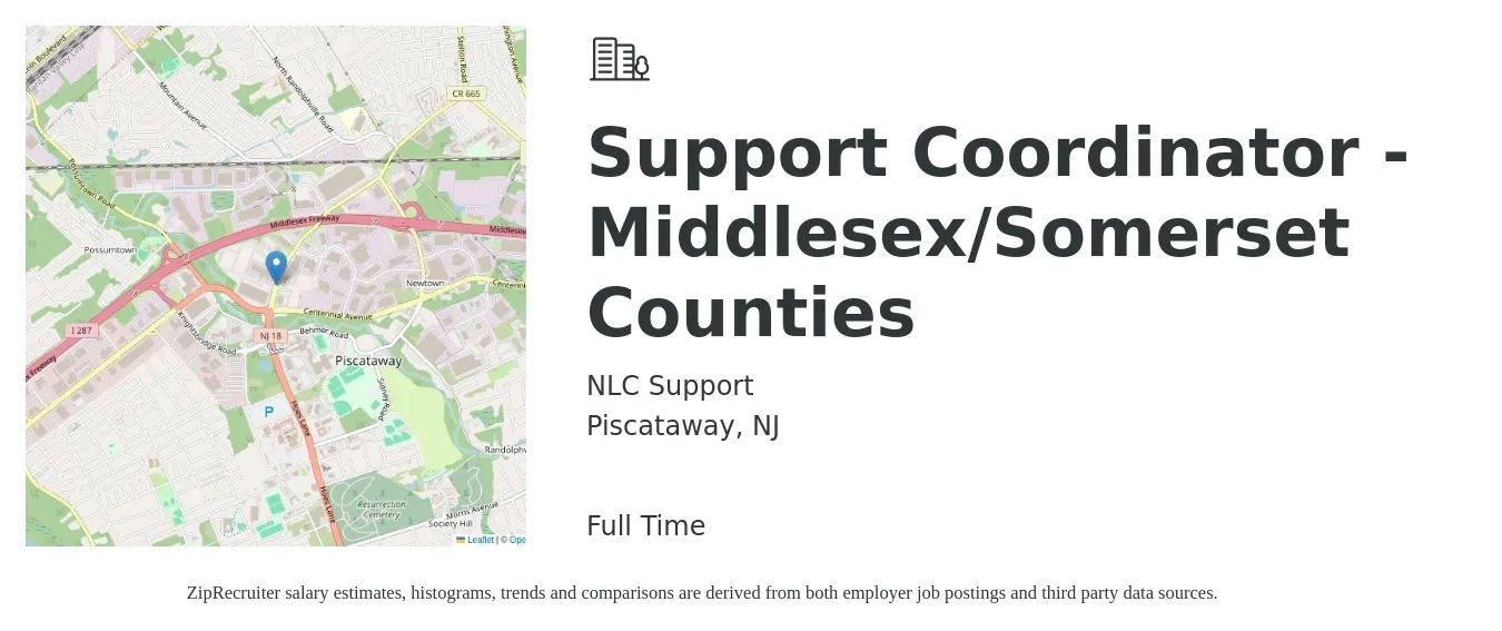 NLC Support job posting for a Support Coordinator - Middlesex/Somerset Counties in Piscataway, NJ with a salary of $3,000 Monthly with a map of Piscataway location.