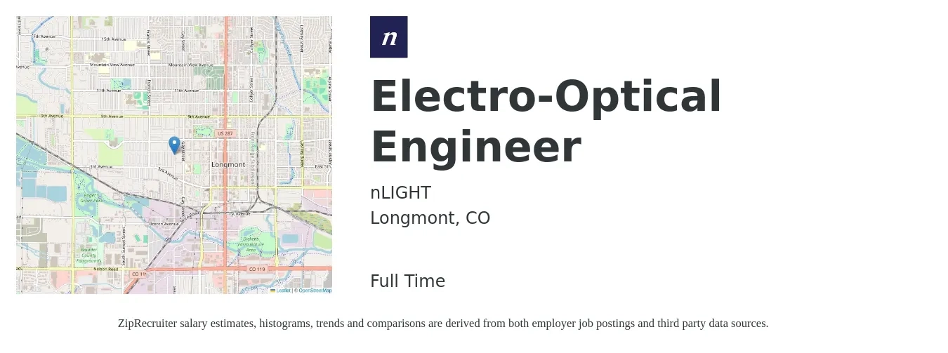 nLIGHT job posting for a Electro-Optical Engineer in Longmont, CO with a salary of $110,000 to $180,000 Yearly with a map of Longmont location.