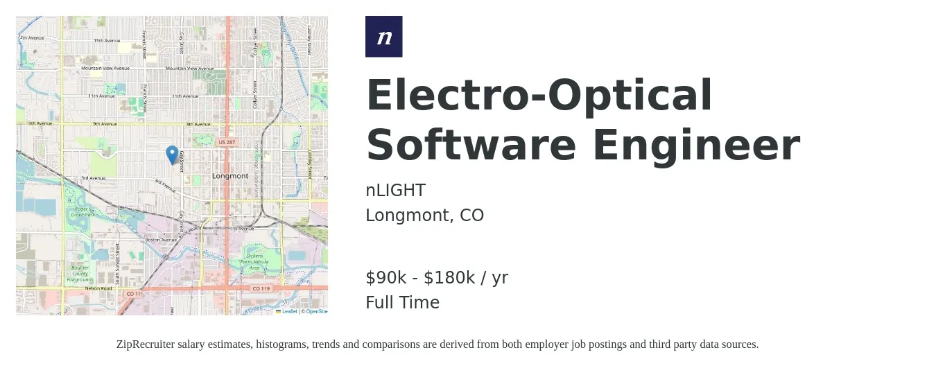 nLIGHT job posting for a Electro-Optical Software Engineer in Longmont, CO with a salary of $90,000 to $180,000 Yearly with a map of Longmont location.