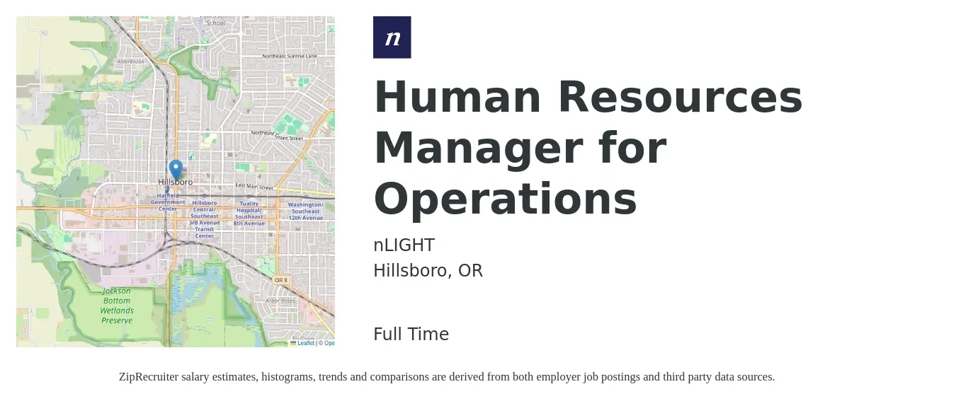 nLIGHT job posting for a Human Resources Manager for Operations in Hillsboro, OR with a salary of $75,100 to $108,900 Yearly with a map of Hillsboro location.
